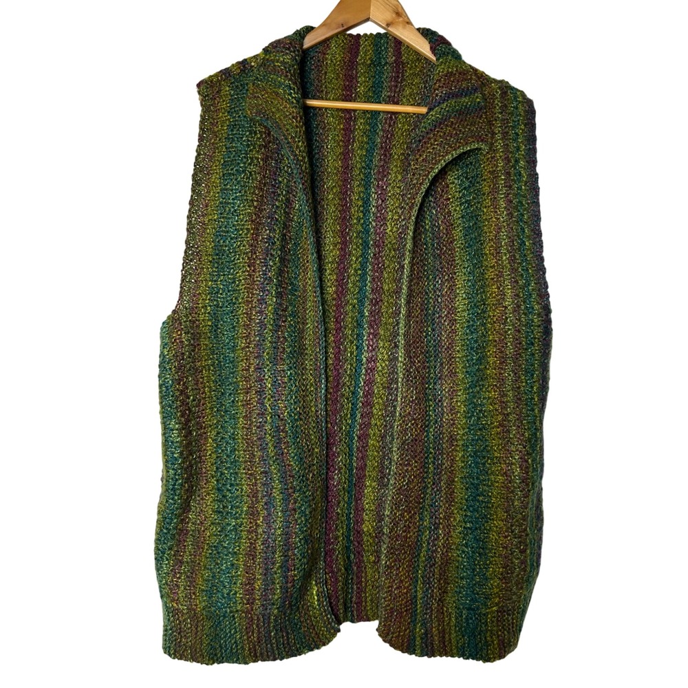 Handmade Vest‎ OS Knit Striped Green Purple Boho Open Front Sleeveless Cardigan